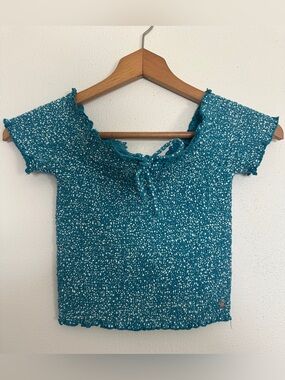 Roxy Blue White Smocked Off The Shoulder Crop Top Floral Speckled Us Together XS